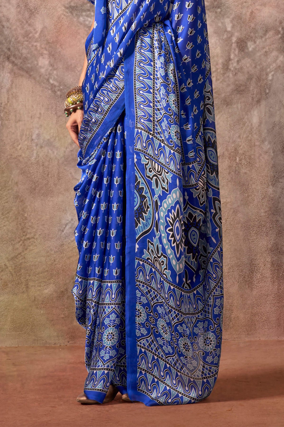 Tory Blue Ajarkh Printed Satin Georgette Silk Saree