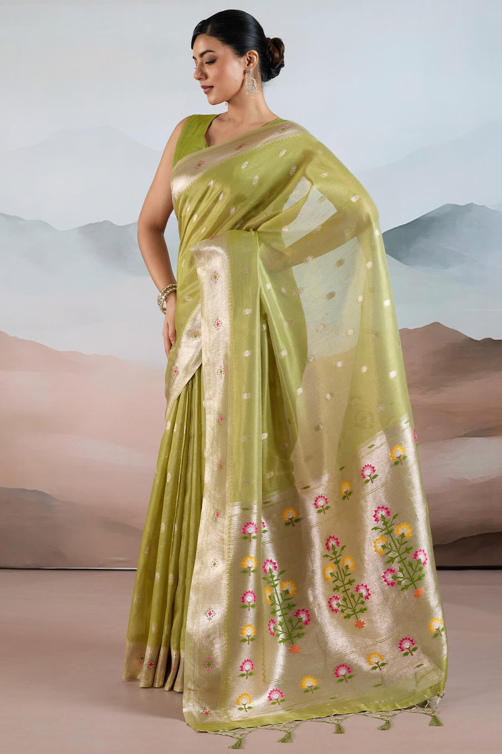 Trendy Green Paithani Tissue Silk Saree