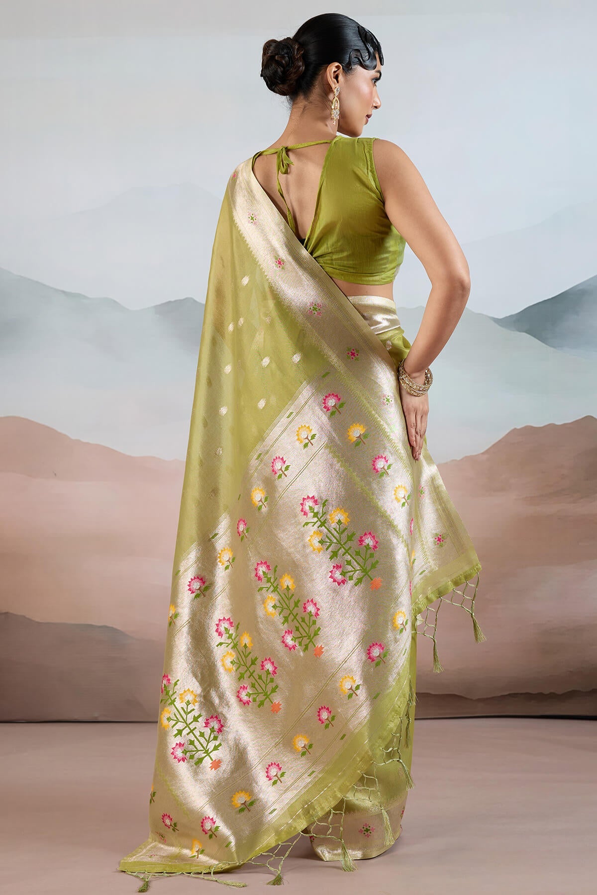 Trendy Green Paithani Tissue Silk Saree