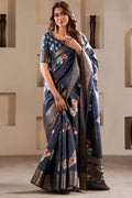 Tuna Blue Foil Printed Dola Silk Saree