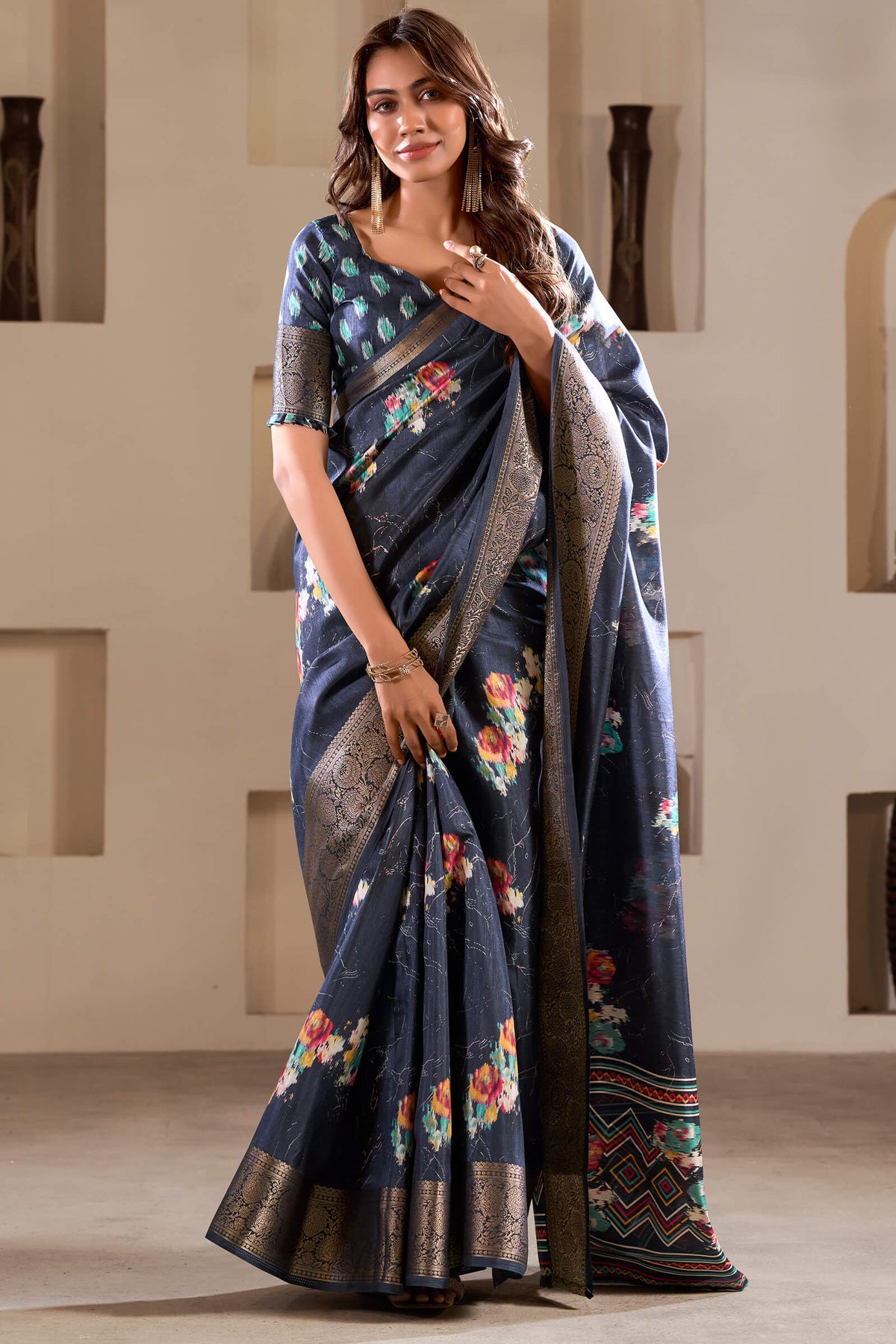 Tuna Blue Foil Printed Dola Silk Saree