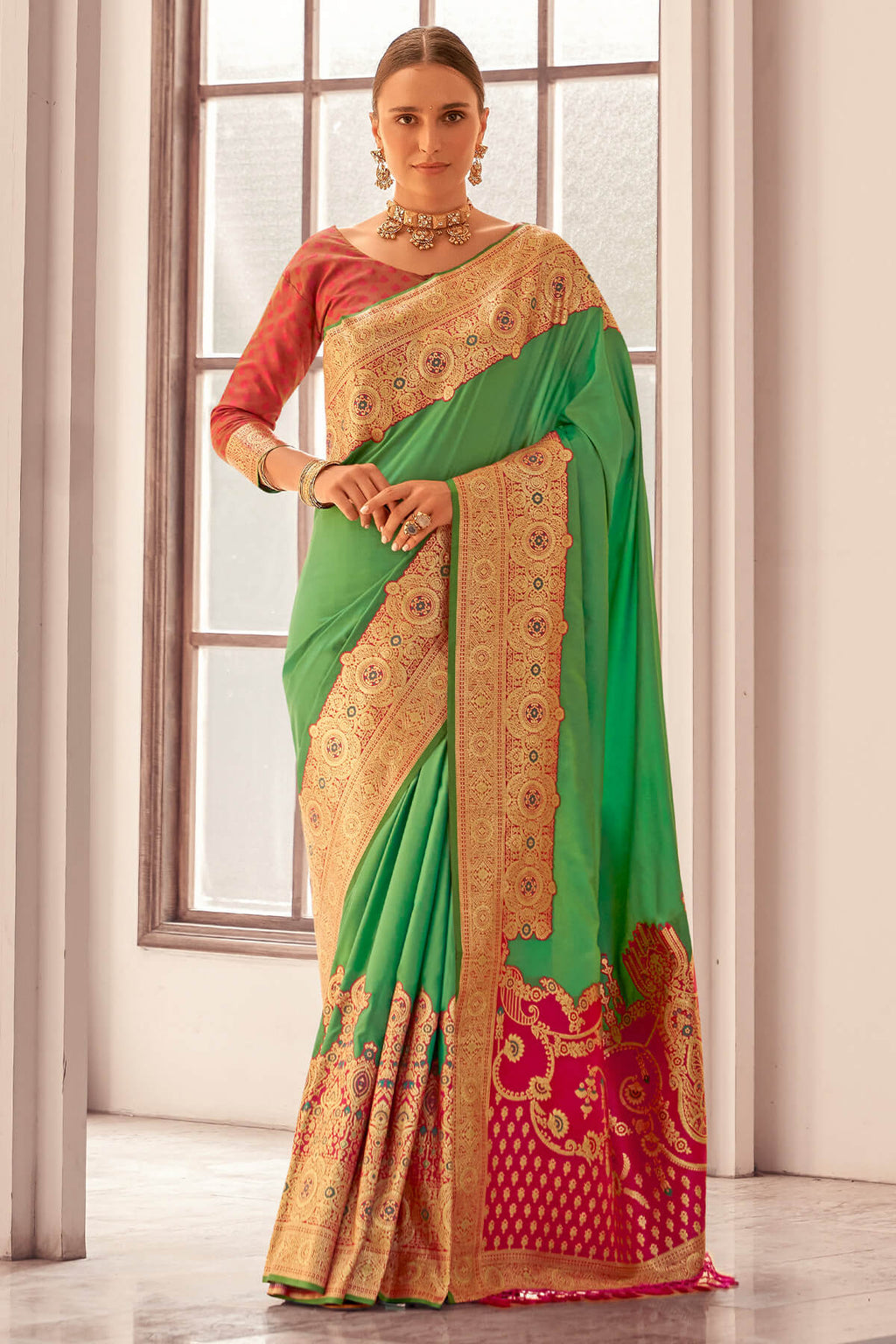 Turtle Green Zari Woven Soft Banarasi Silk Saree