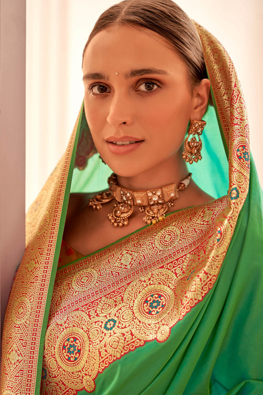 Turtle Green Zari Woven Soft Banarasi Silk Saree