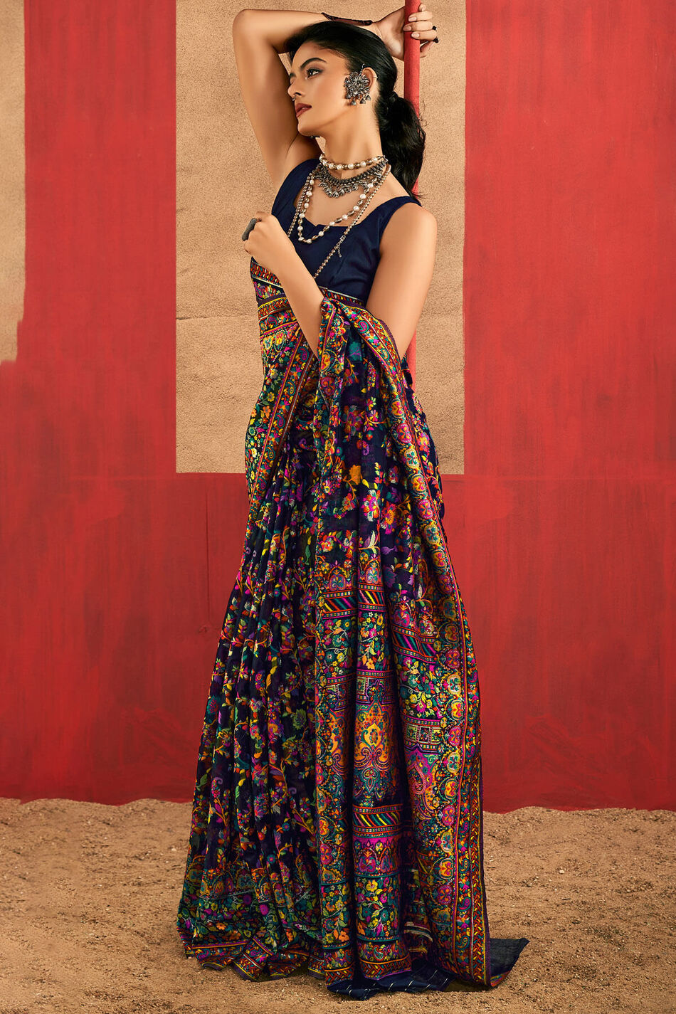 Ultramarine Blue Kashmiri Modal Pashmina Silk Saree