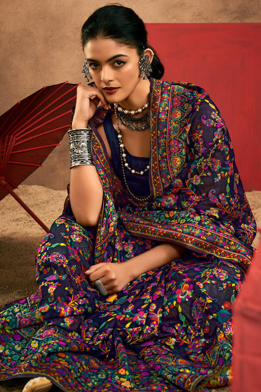 Ultramarine Blue Kashmiri Modal Pashmina Silk Saree
