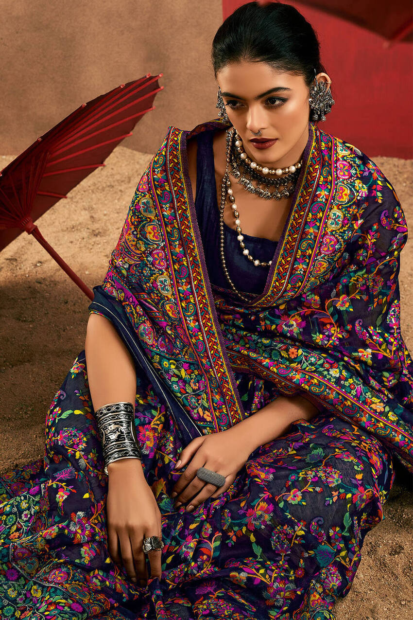 Ultramarine Blue Kashmiri Modal Pashmina Silk Saree