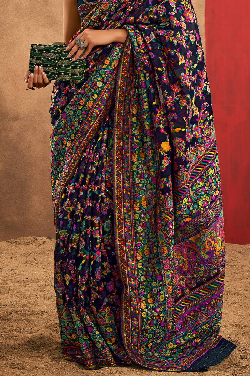 Ultramarine Blue Kashmiri Modal Pashmina Silk Saree