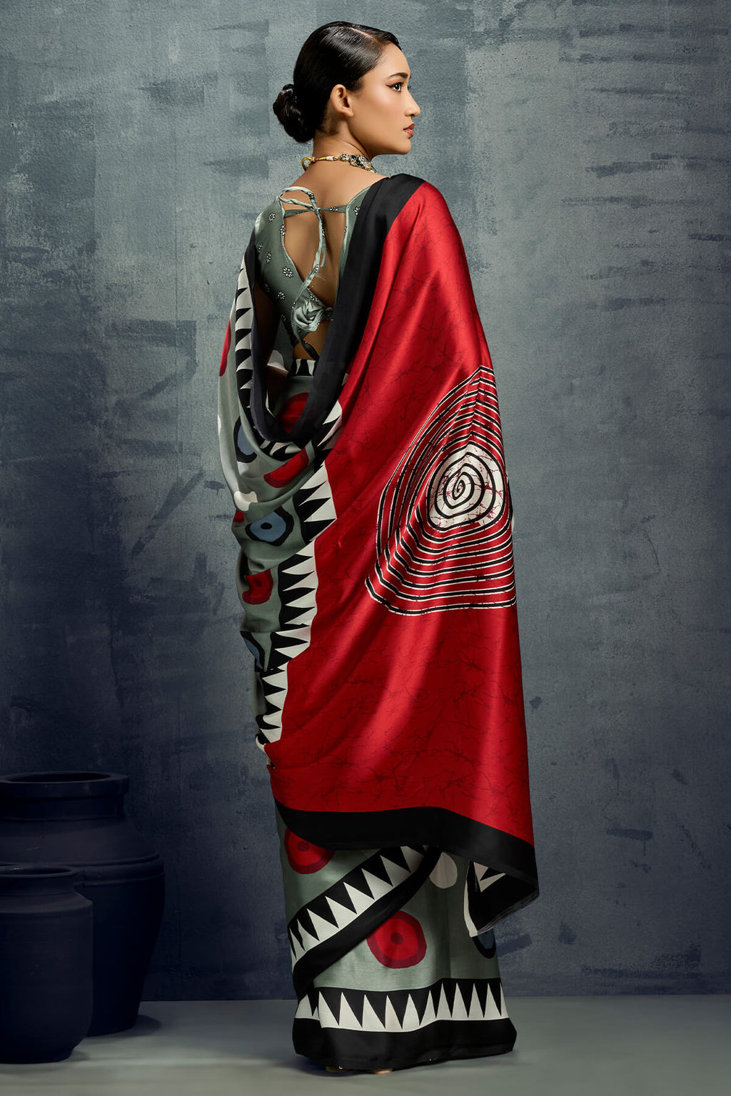 Vampire Grey Ajrakh Printed Satin Crepe Silk Saree