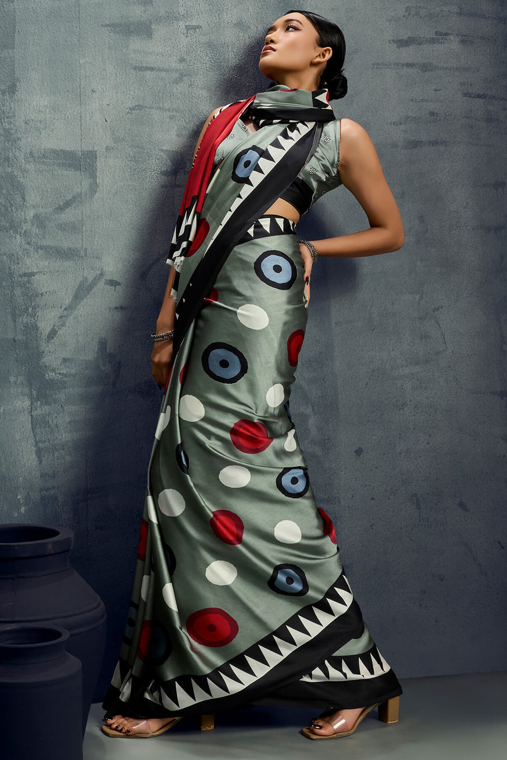 Vampire Grey Ajrakh Printed Satin Crepe Silk Saree