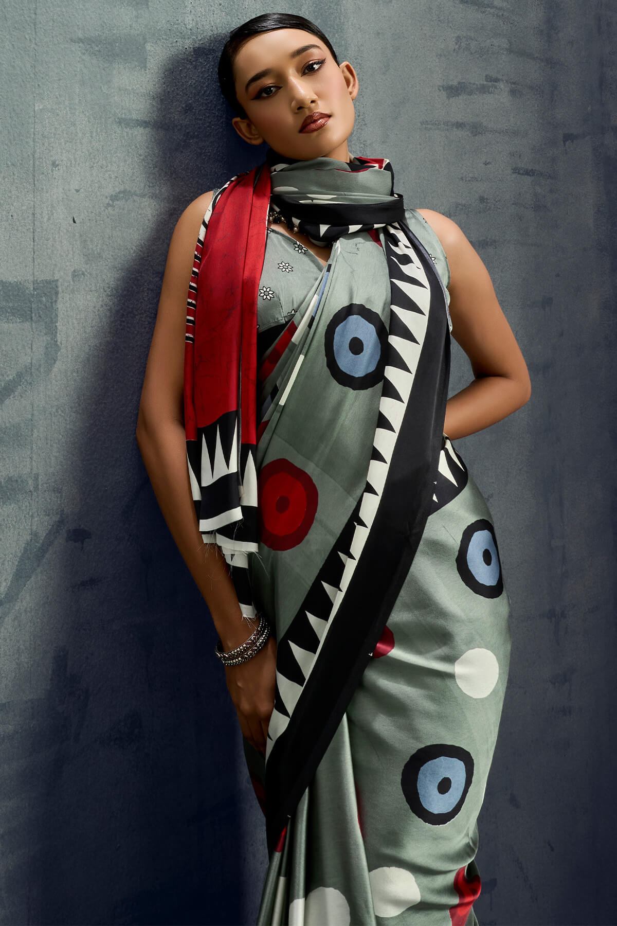 Vampire Grey Ajrakh Printed Satin Crepe Silk Saree