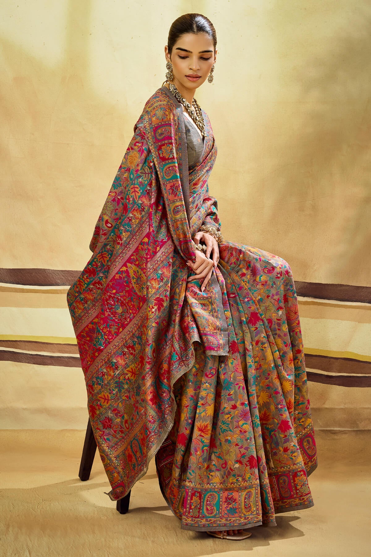 Vampire Grey Kashmiri Modal Pashmina Silk Saree