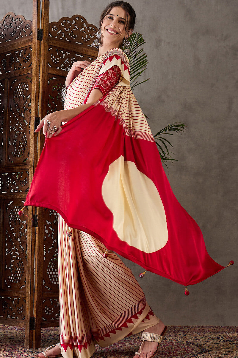 Vanilla Beige Ajrakh Printed Satin Silk Saree