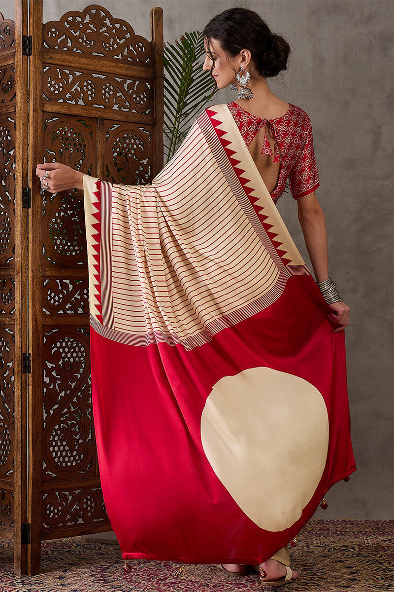 Vanilla Beige Ajrakh Printed Satin Silk Saree