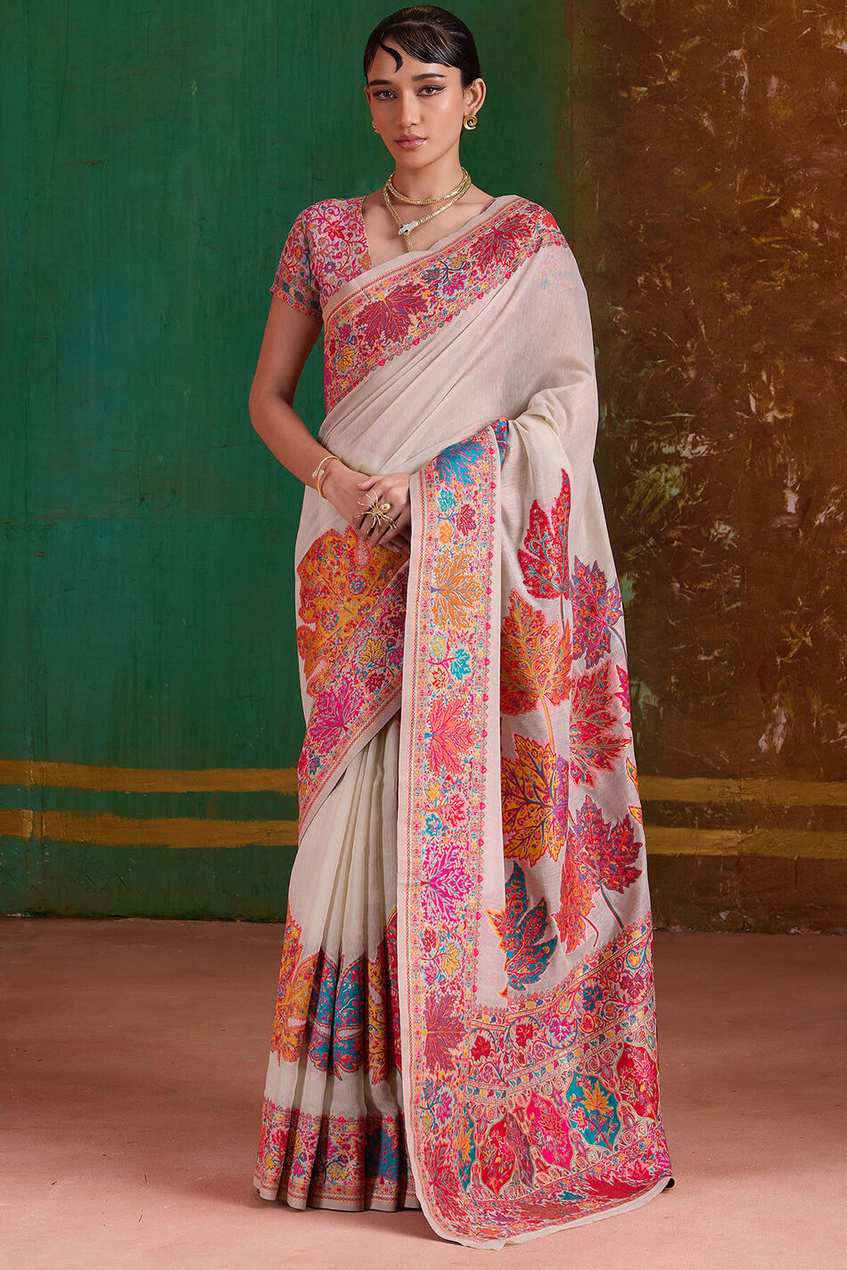 Vanilla Beige Kashmiri Modal Pashmina Silk Saree