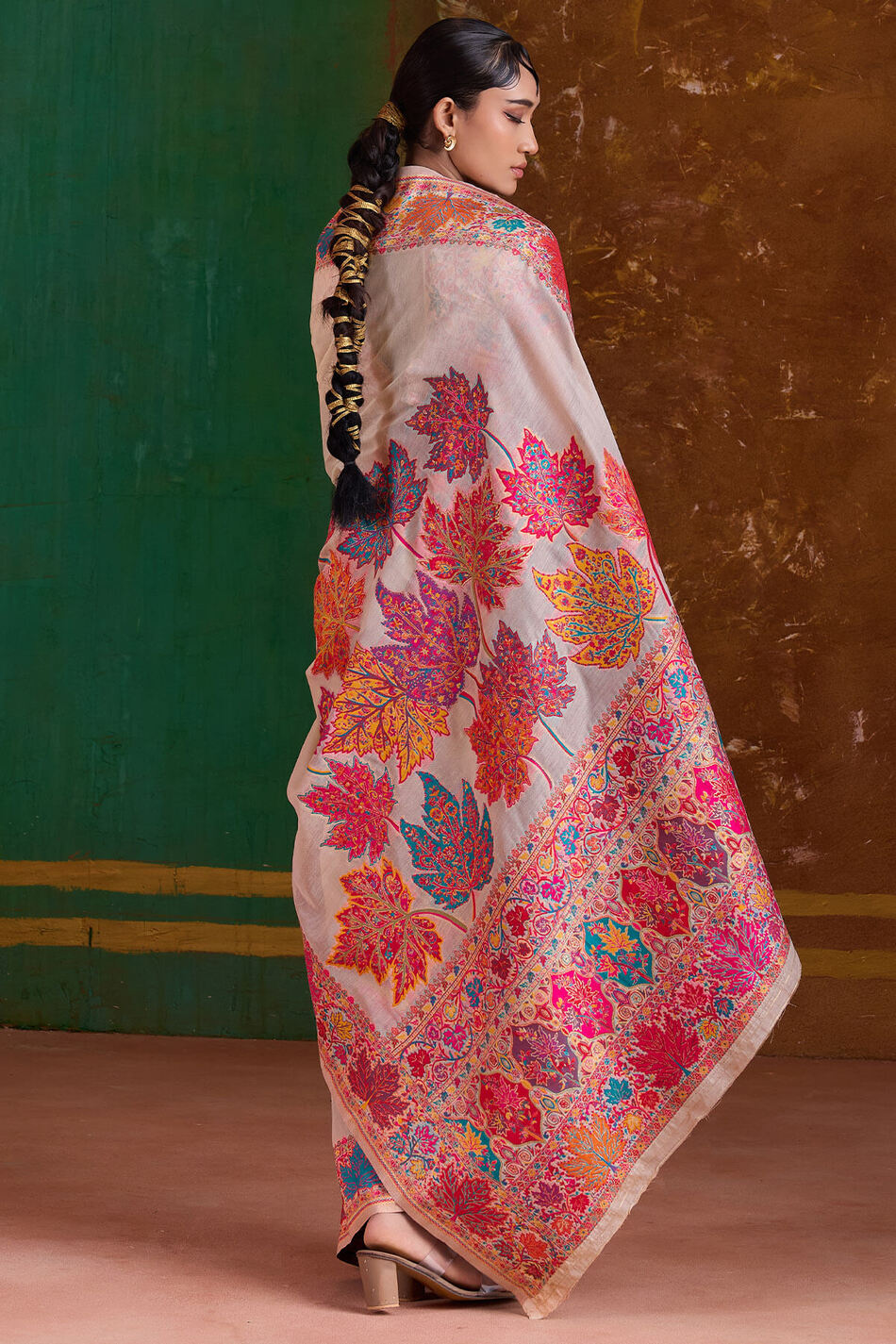 Vanilla Beige Kashmiri Modal Pashmina Silk Saree