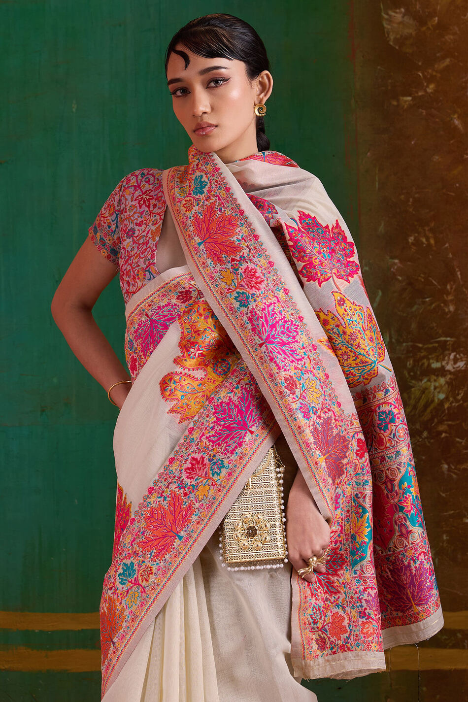 Vanilla Beige Kashmiri Modal Pashmina Silk Saree
