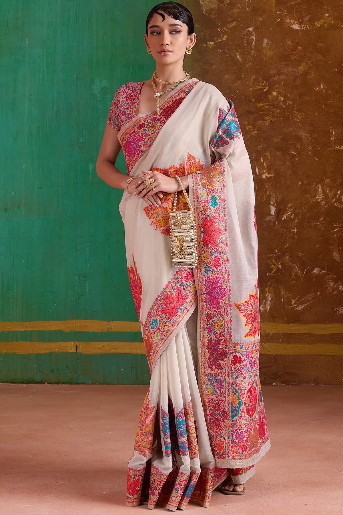 Vanilla Beige Kashmiri Modal Pashmina Silk Saree