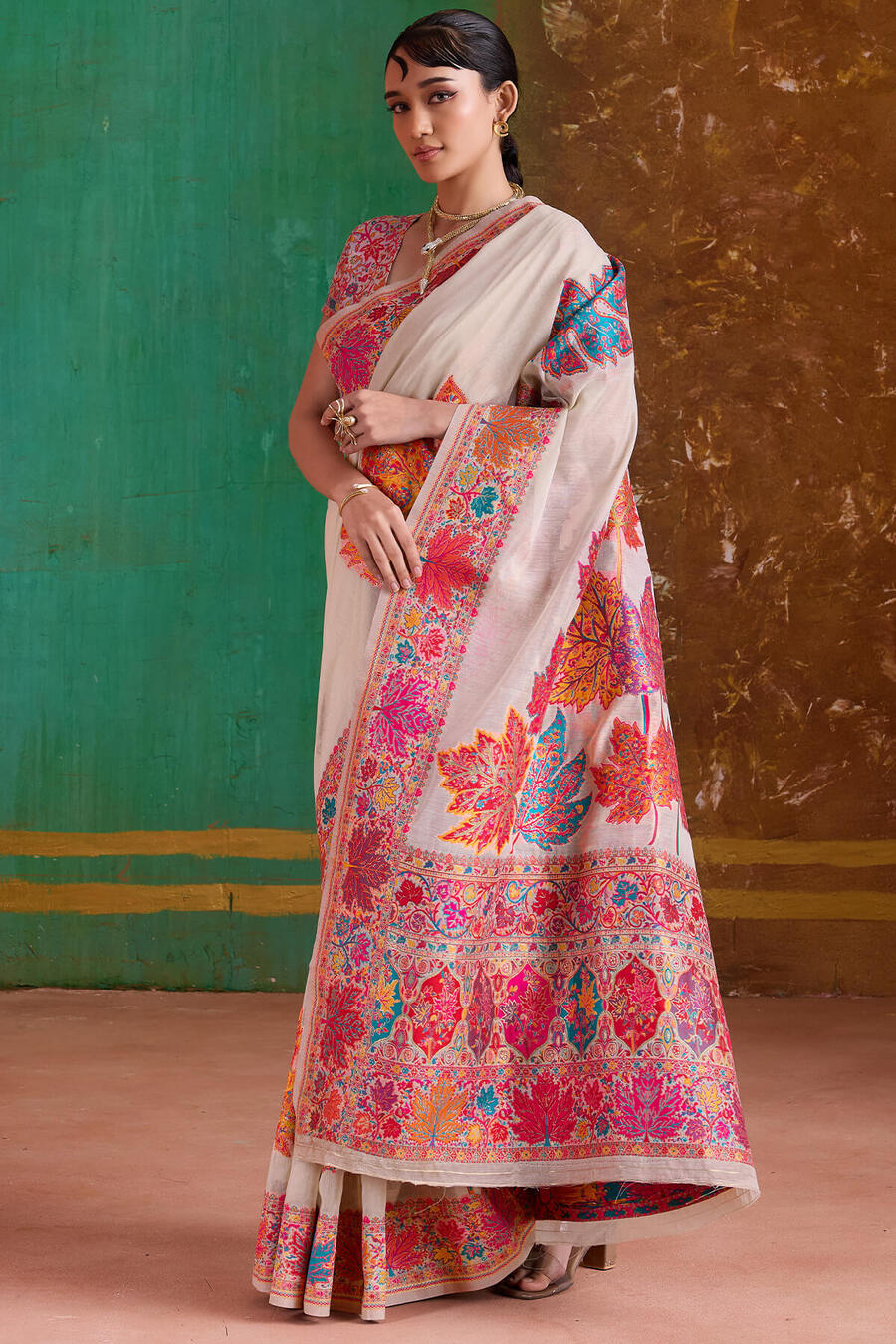 Vanilla Beige Kashmiri Modal Pashmina Silk Saree