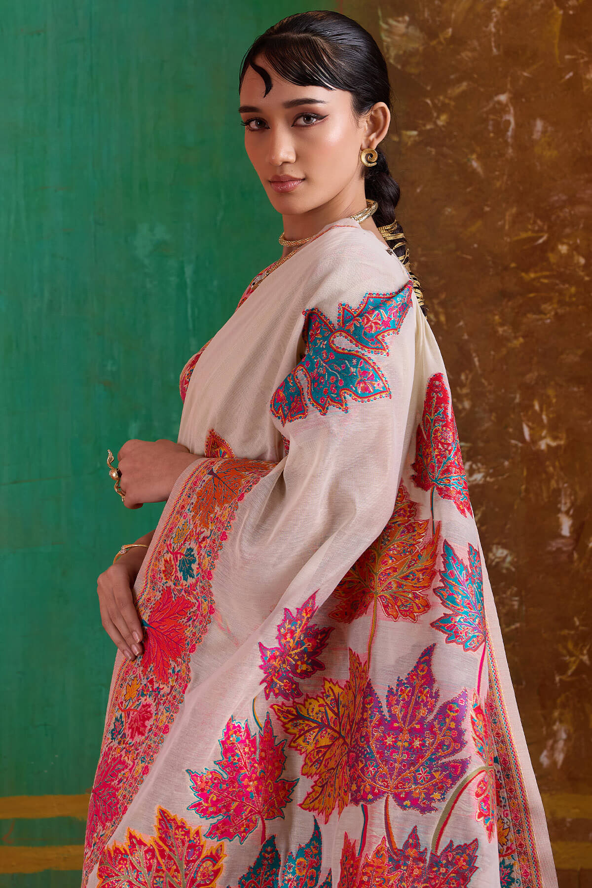 Vanilla Beige Kashmiri Modal Pashmina Silk Saree