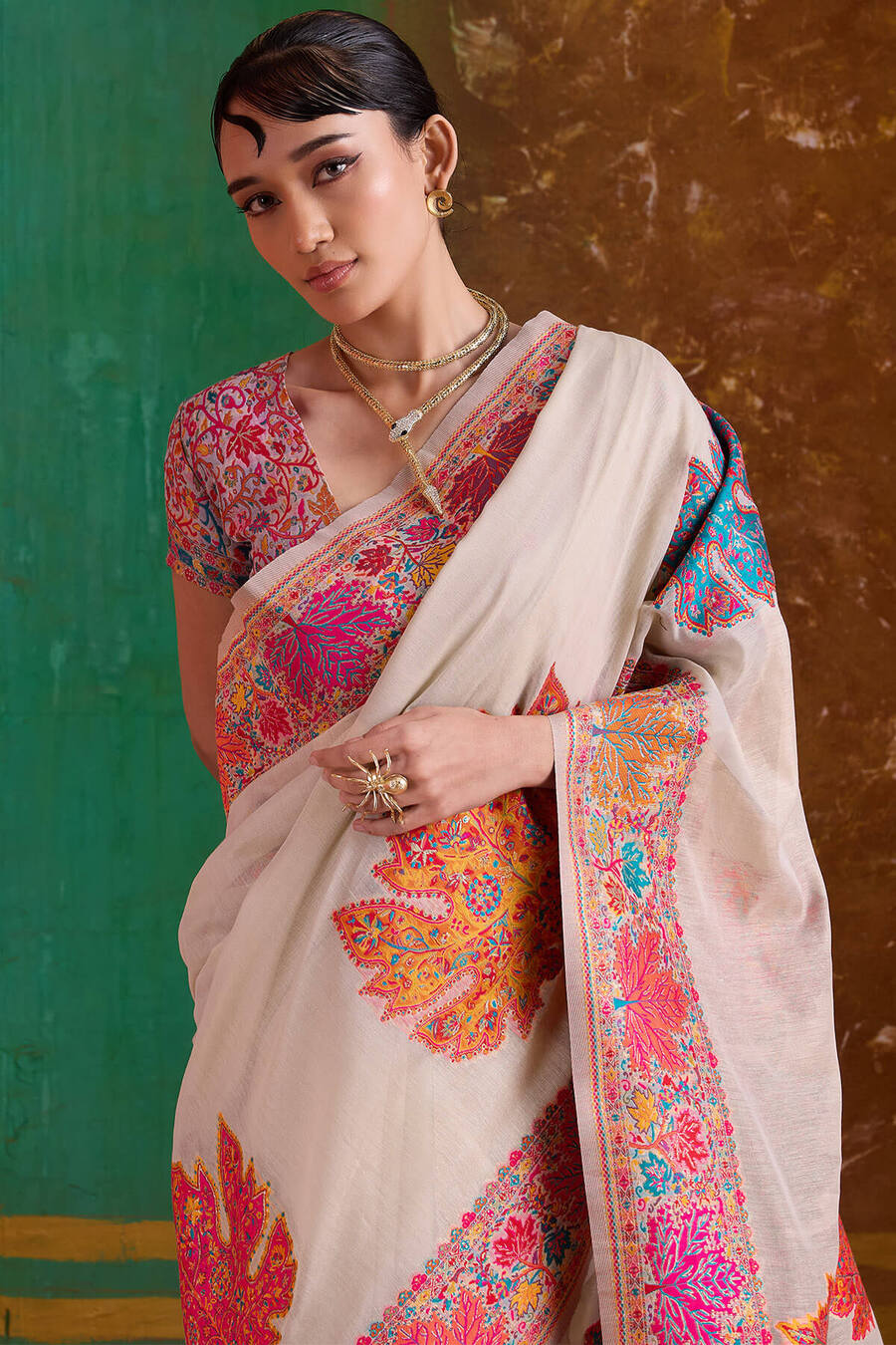 Vanilla Beige Kashmiri Modal Pashmina Silk Saree