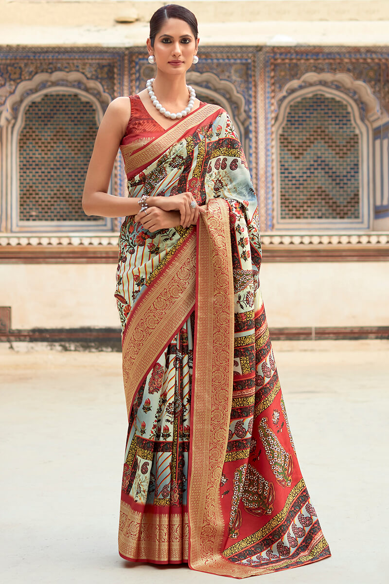 Vanilla Beige Printed Dola Silk Saree
