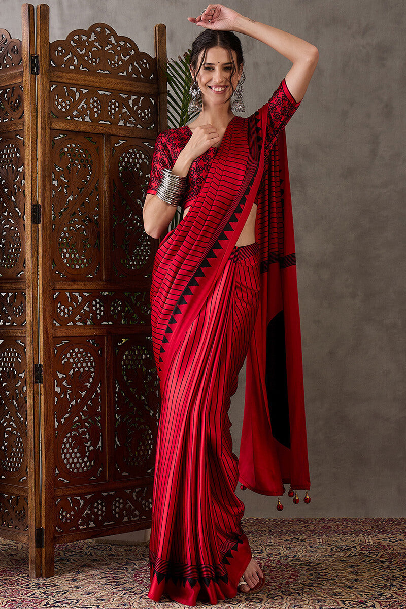 Venetian Red Ajrakh Printed Satin Silk Saree