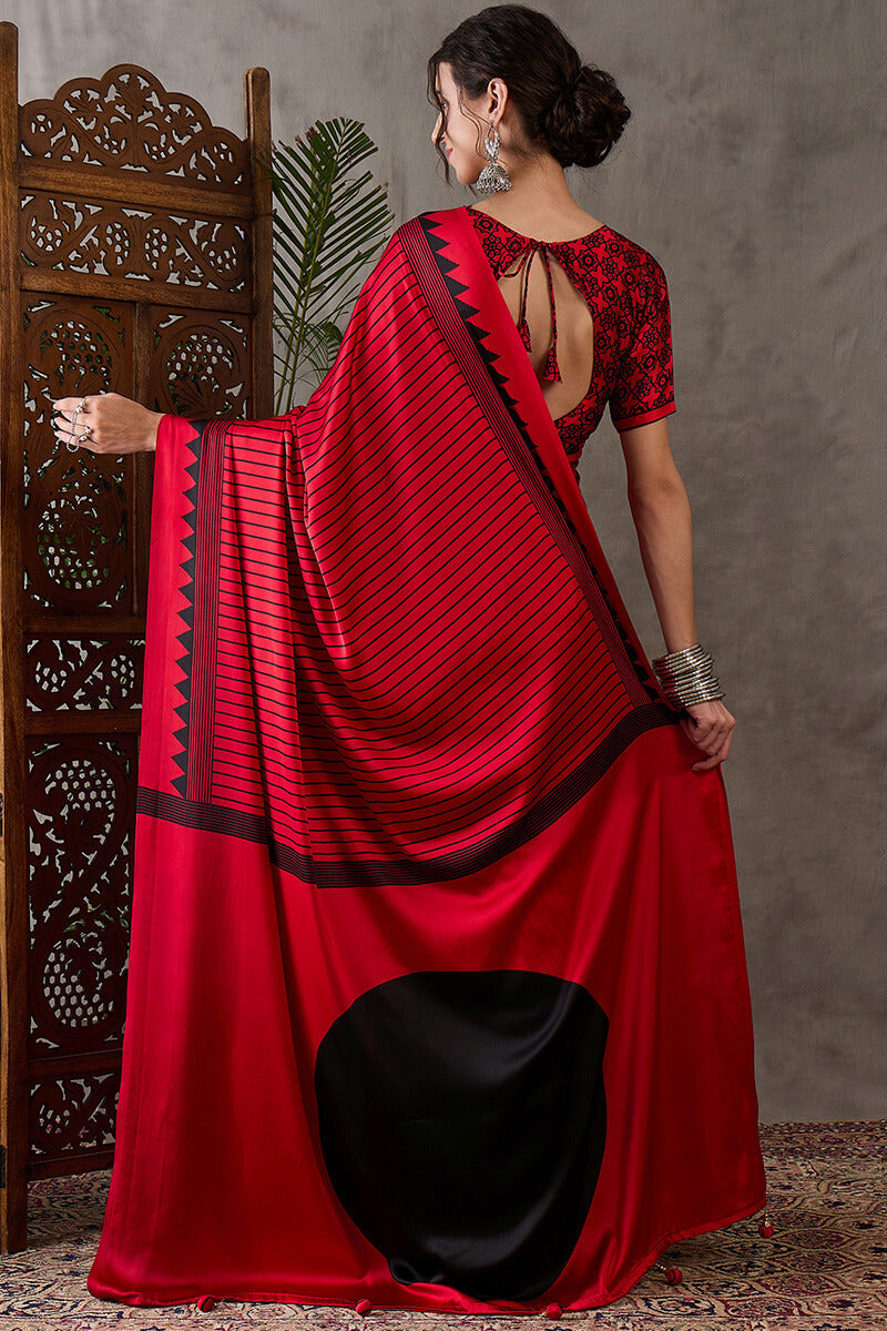Venetian Red Ajrakh Printed Satin Silk Saree