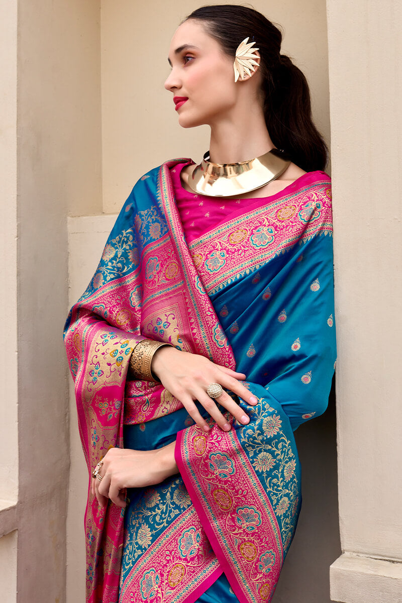 Venice Blue Soft Banarasi Silk Saree