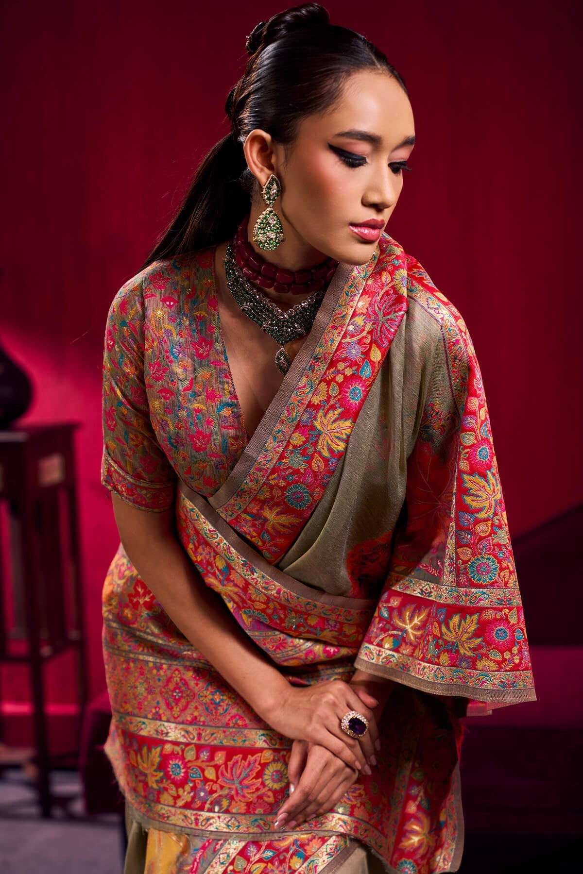 Warm Grey Kashmiri Modal Pashmina Silk Saree