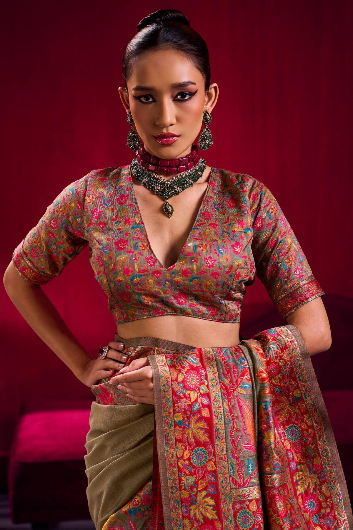 Warm Grey Kashmiri Modal Pashmina Silk Saree