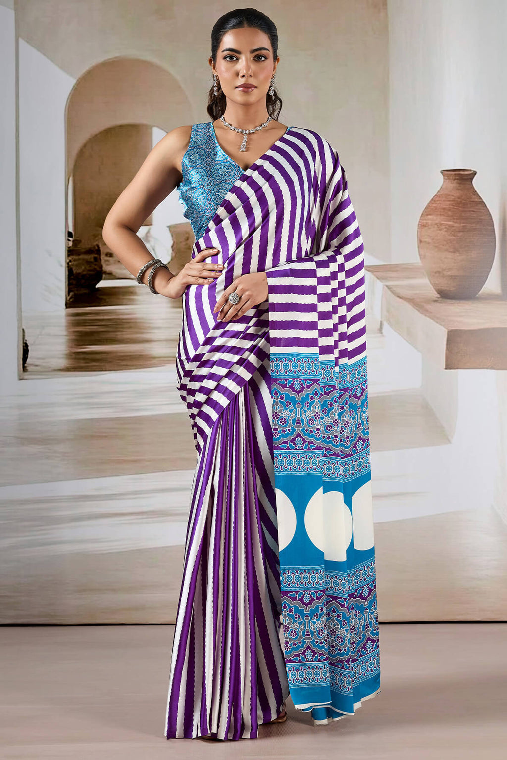 Warm Purple Ajrakh Printed Satin Crepe Silk Saree