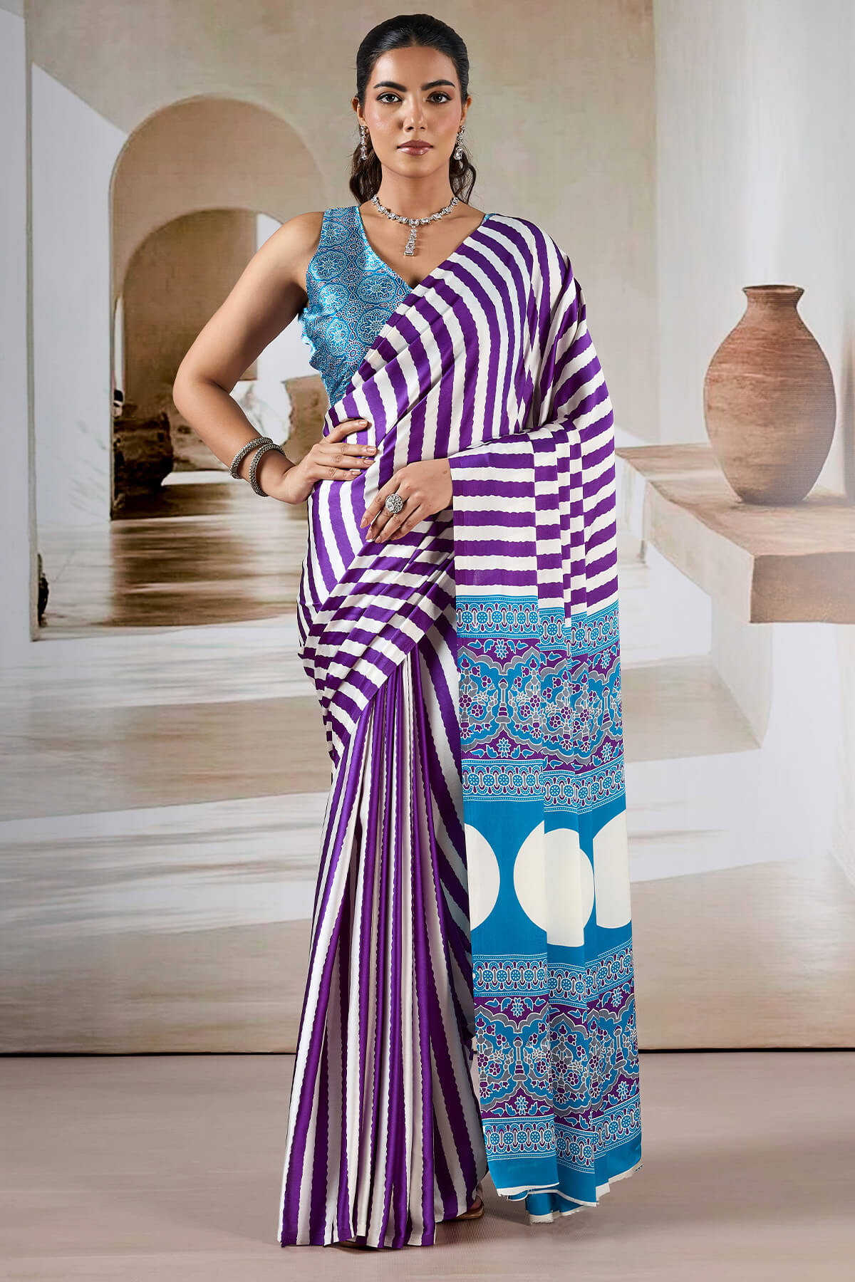 Warm Purple Ajrakh Printed Satin Crepe Silk Saree
