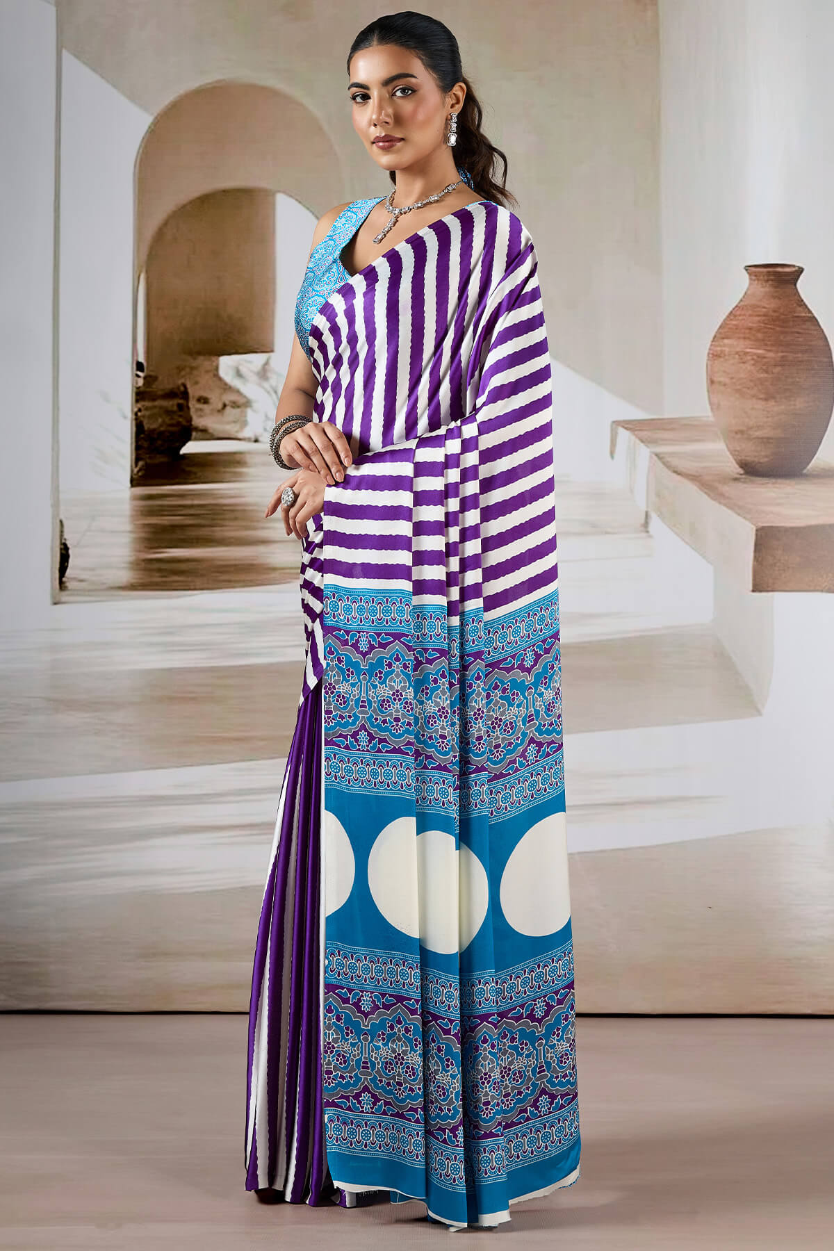 Warm Purple Ajrakh Printed Satin Crepe Silk Saree