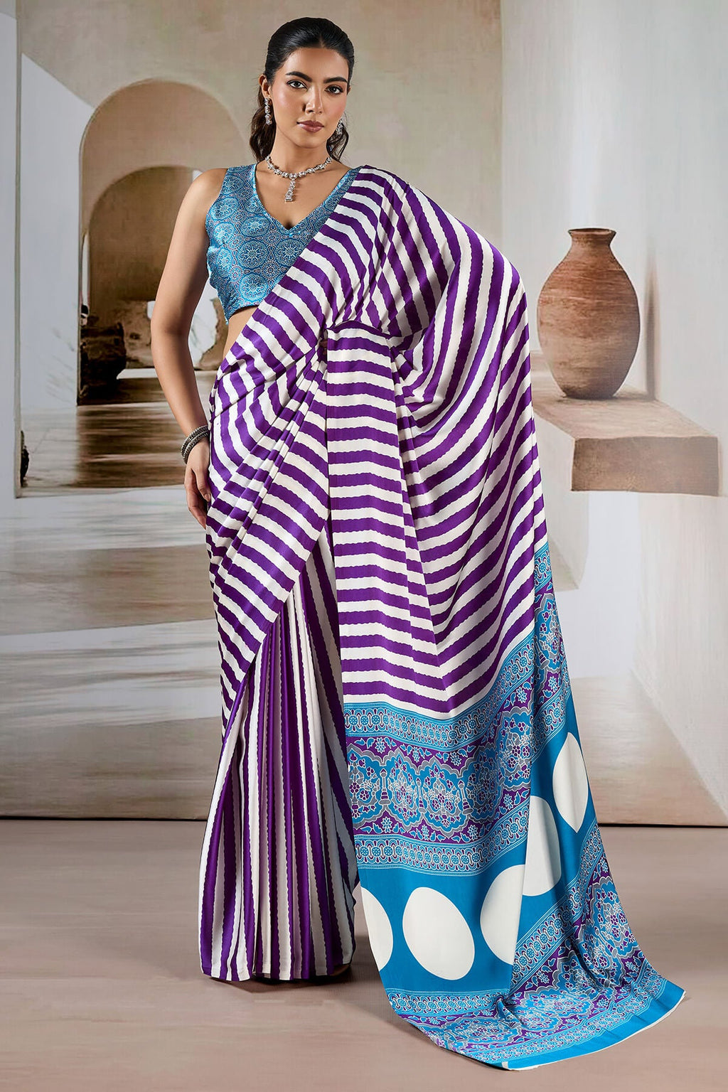 Warm Purple Ajrakh Printed Satin Crepe Silk Saree