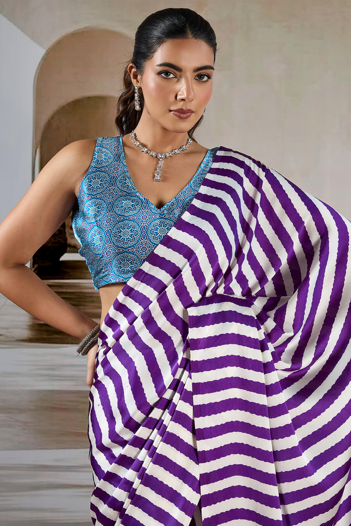 Warm Purple Ajrakh Printed Satin Crepe Silk Saree