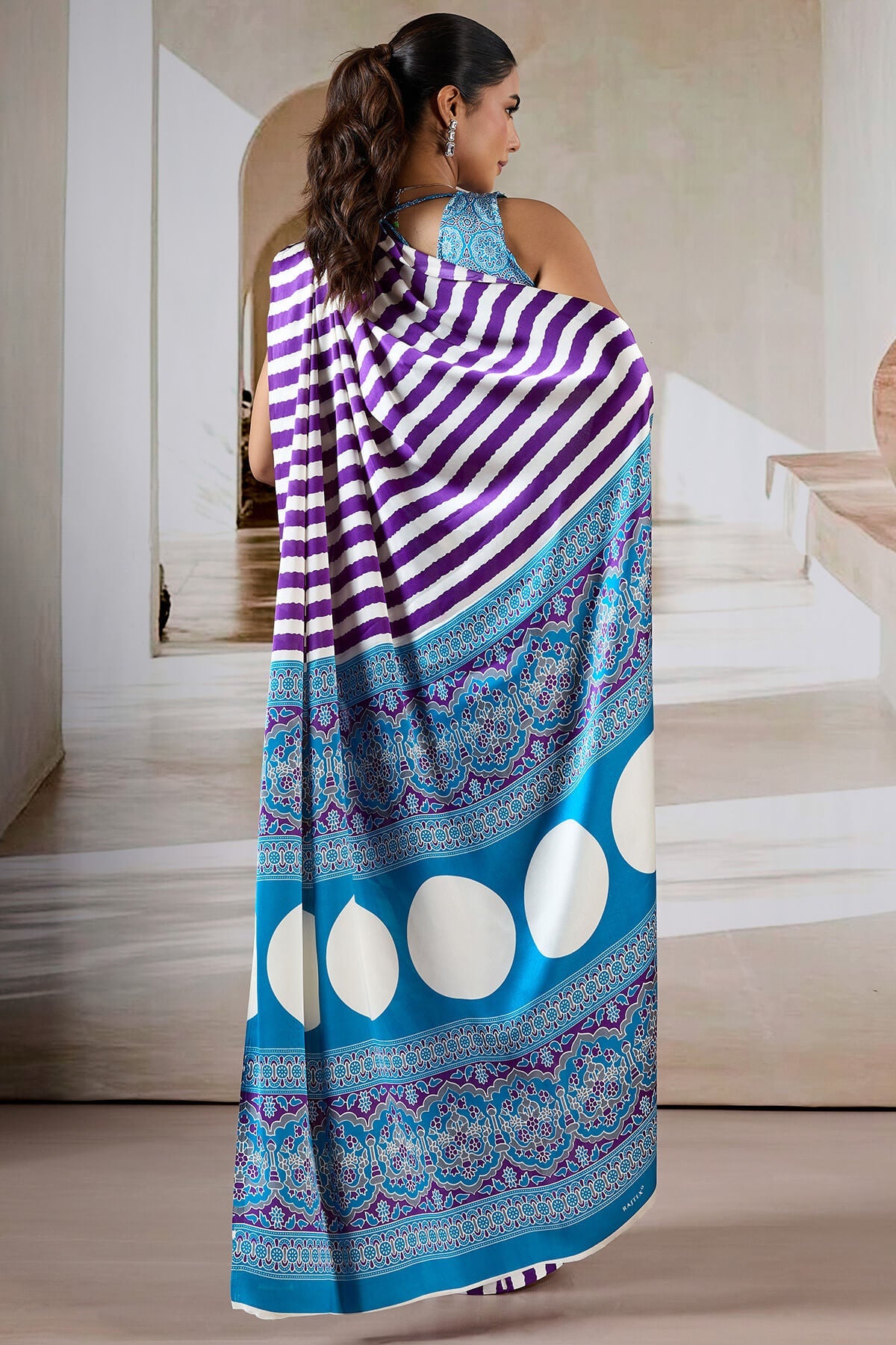 Warm Purple Ajrakh Printed Satin Crepe Silk Saree
