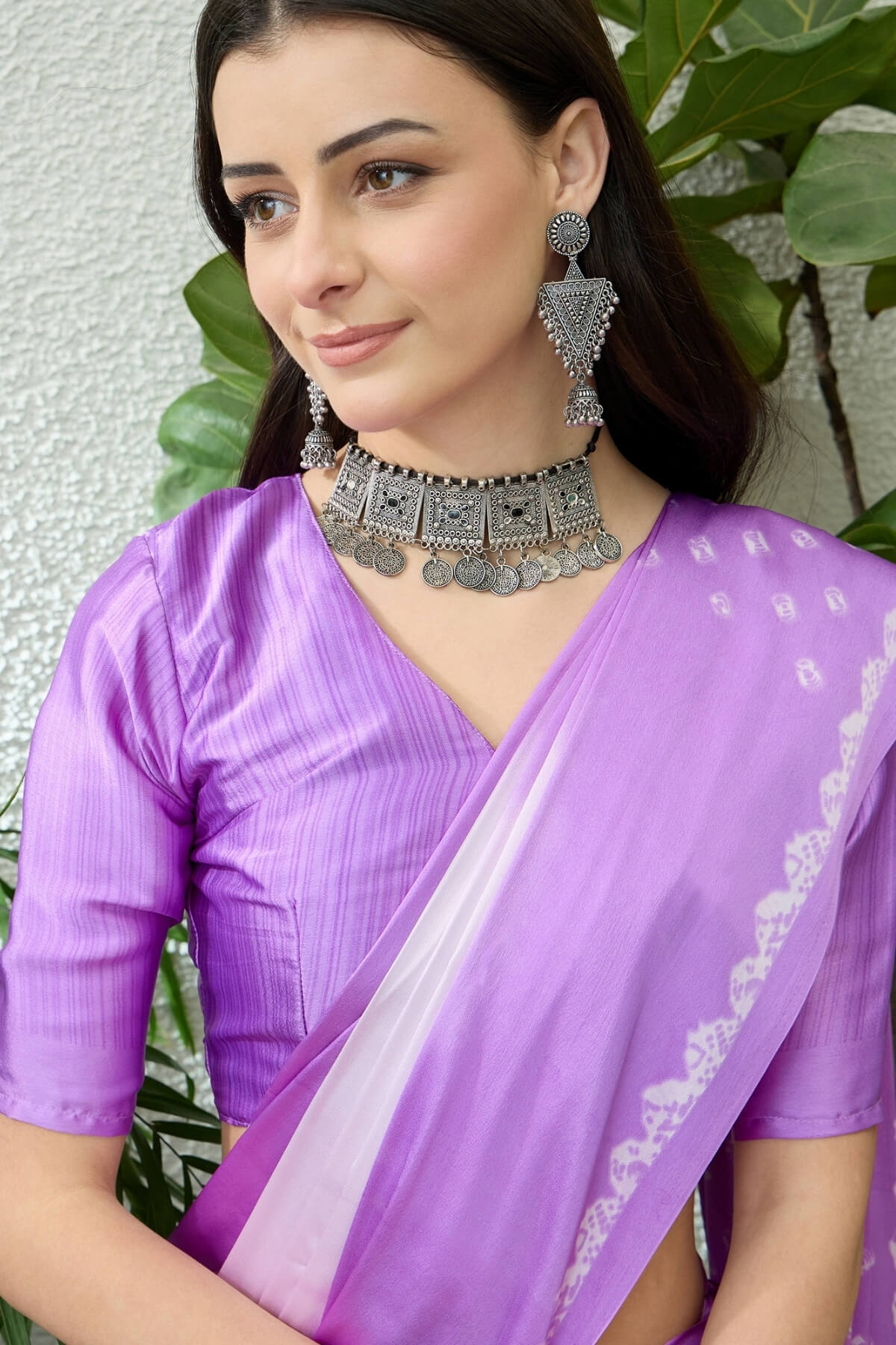 White and Lavender Printed Satin Silk Saree