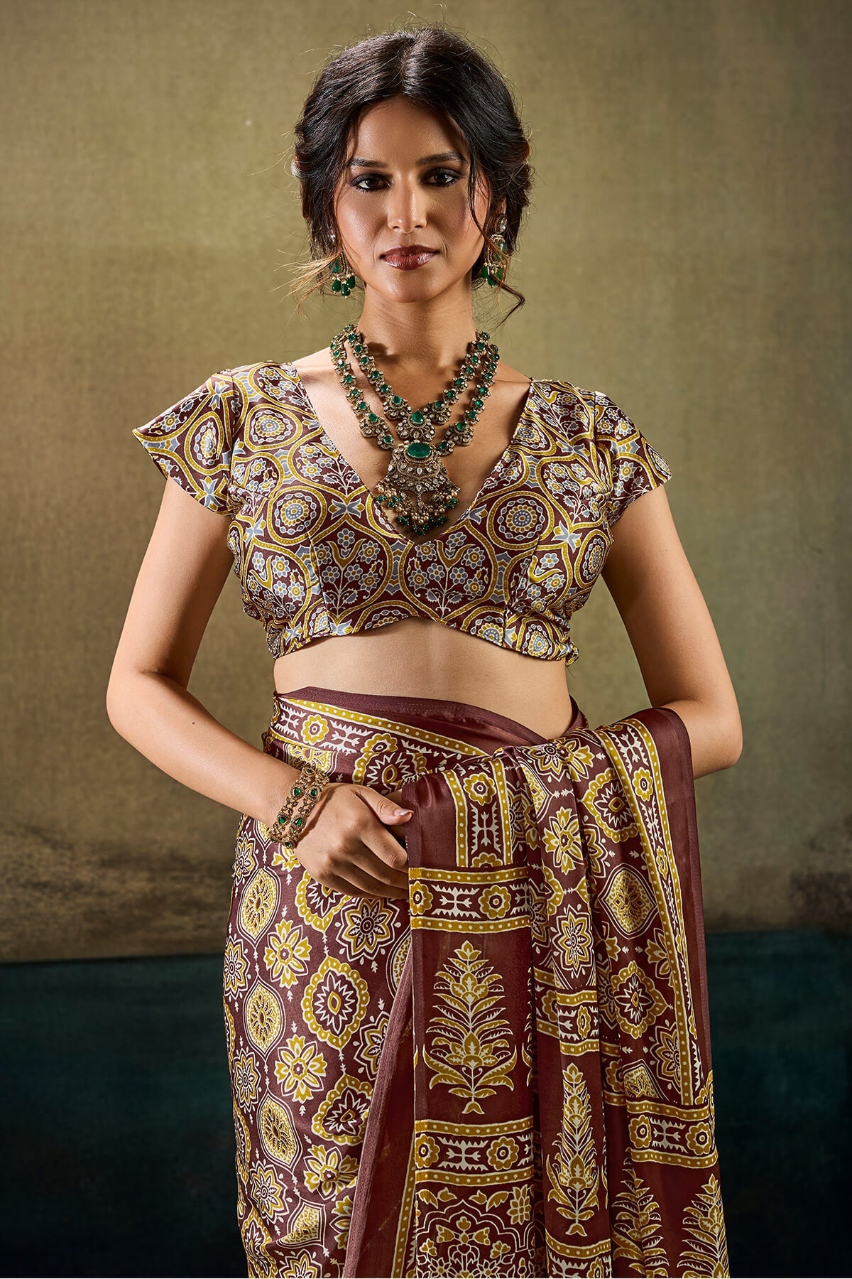 Wood Brown Ajrakh Printed Semi Modal Satin Silk Saree