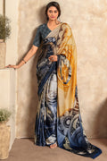 Yellow and Blue Printed Satin Silk Saree