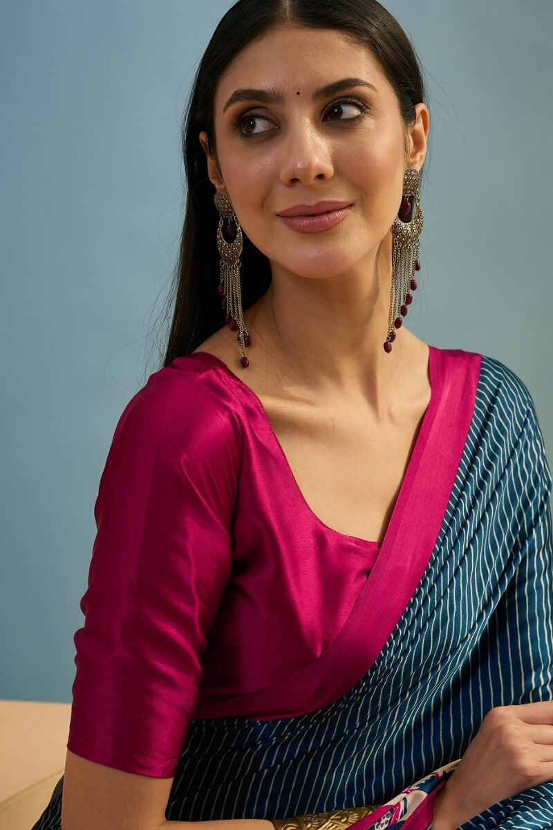 Zodiac Blue Ajrakh Printed Satin Silk Saree
