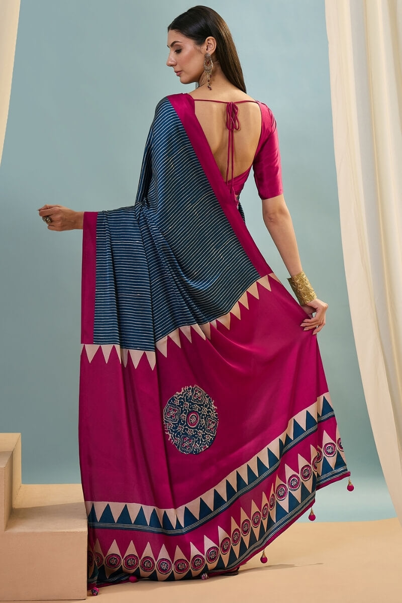 Zodiac Blue Ajrakh Printed Satin Silk Saree