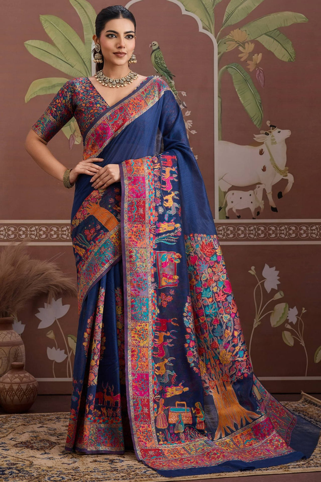 Zodiac Blue Kashmiri Modal Pashmina Silk Saree
