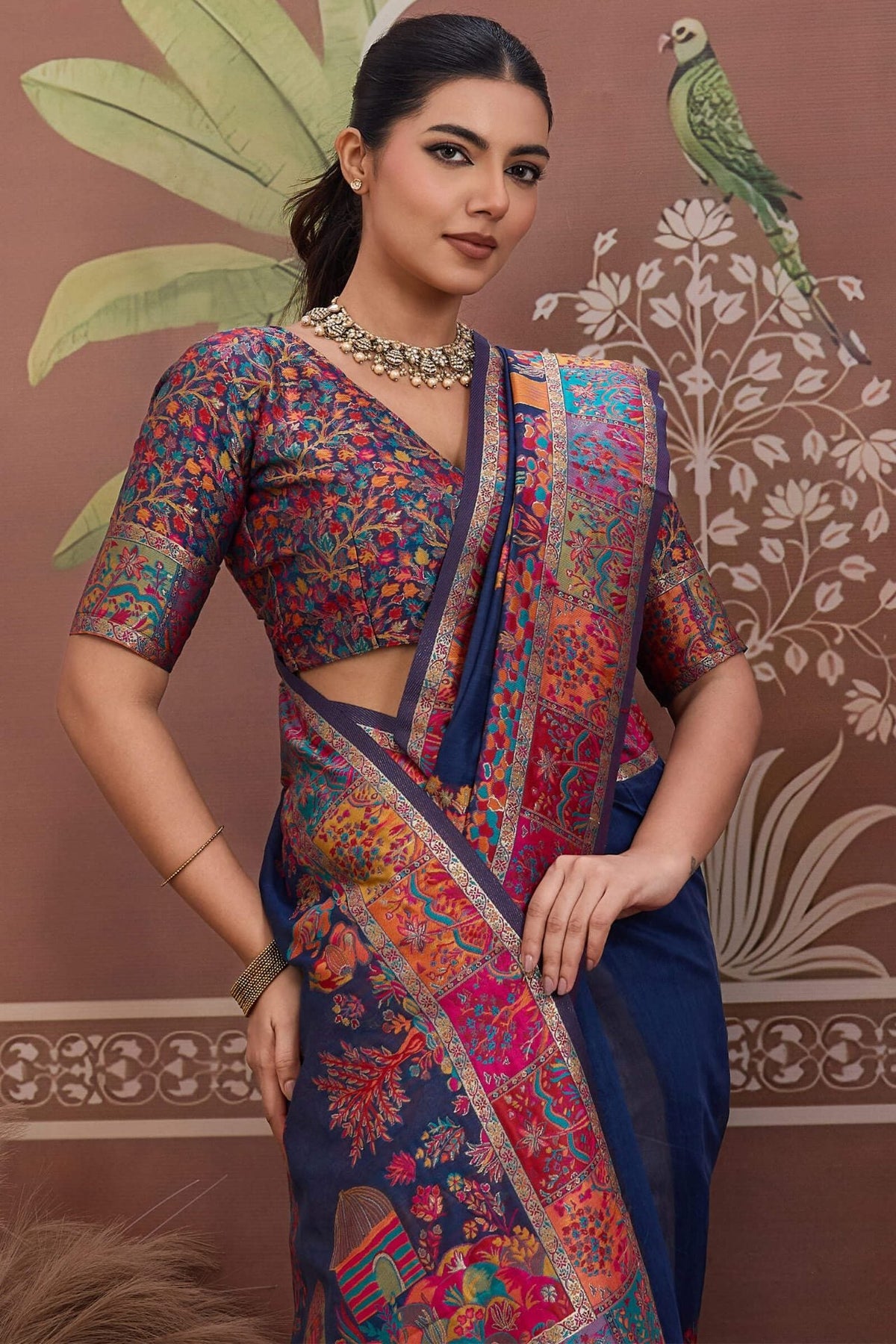 Zodiac Blue Kashmiri Modal Pashmina Silk Saree
