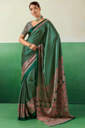 Zucchini Green Ajrakh Printed Satin Silk Saree