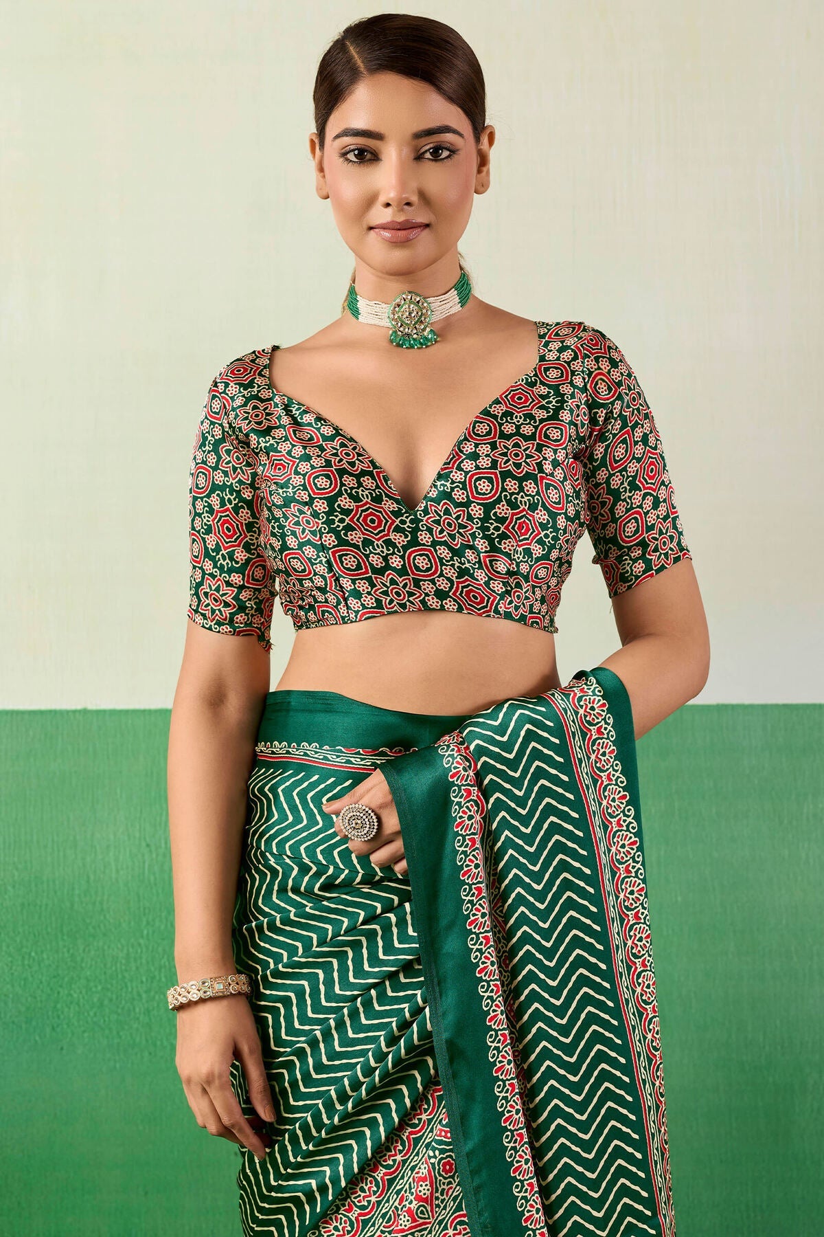 Zucchini Green Ajrakh Printed Satin Silk Saree